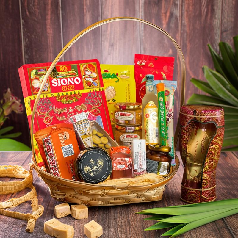 Tet gift basket featuring sticky rice wine